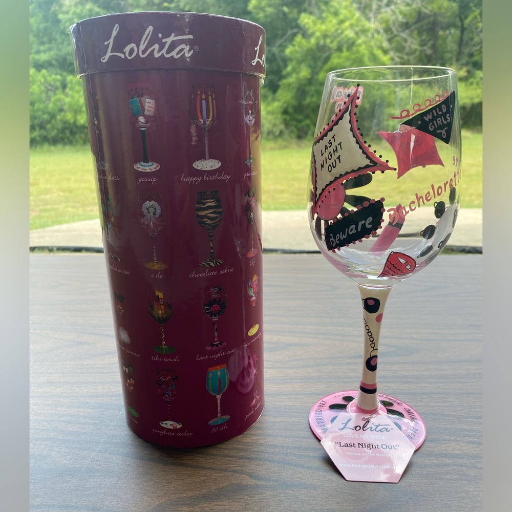 Lolita Wine Glass - “Last Night Out” Design. With Tag and container.